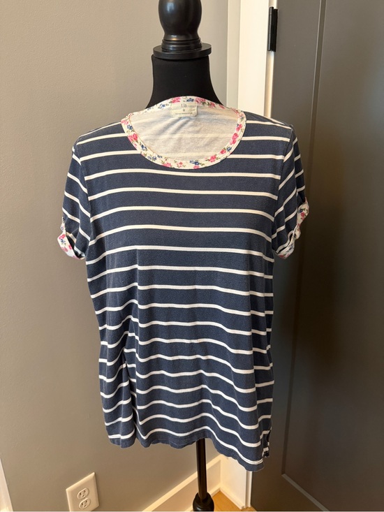 Anthropologie Tops - Anthropologie Navy & White Striped Tee with Floral Trim
